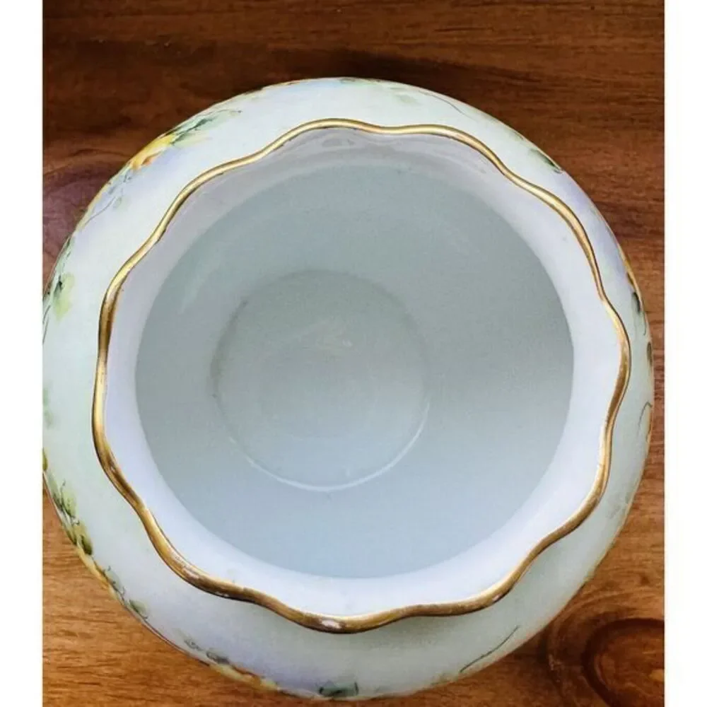 Vintage Hand Painted Yellow Flowers Vase Green & Gold‎ Accents 4.5
